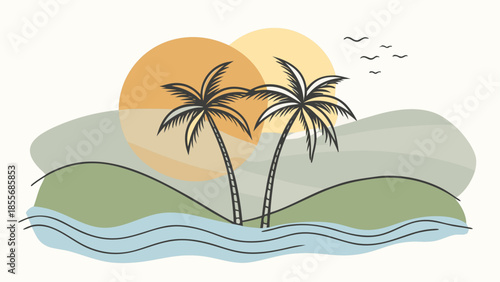 Tropical island with palm trees and sunset isolated on white background