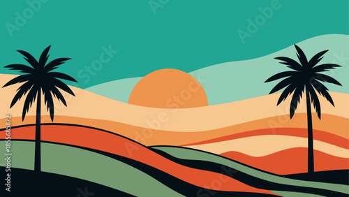 Desert sunset with palm trees isolated on white background