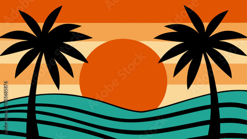 Sunset with palm trees isolated on white background