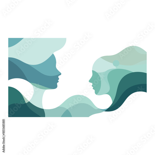 Abstract artistic illustration of two profiles in conversation, symbolizing communication and connection, rendered in serene blue and green watercolor washes and flowing shapes