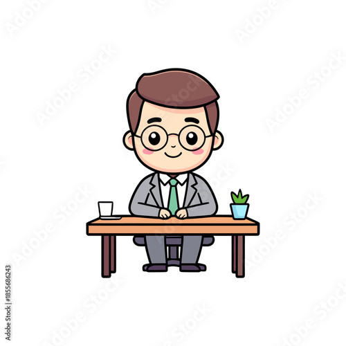 cartoon businessman character in a smart suit and glasses, cheerfully sitting at a clean wooden desk, ideal for corporate, educational, or professional graphic design projects