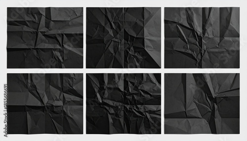Six squares of darkly crumpled paper, each with unique folds and shadows
