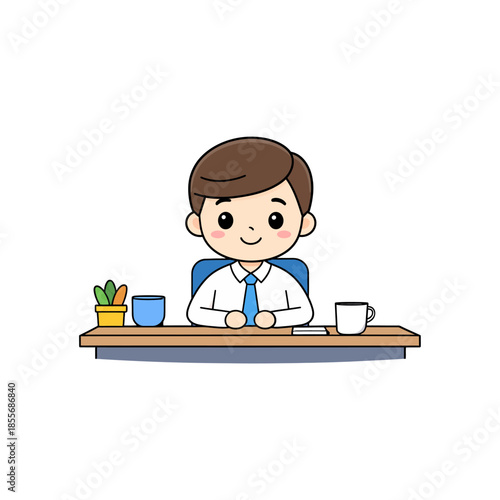 Charming Cartoon Office Worker Sitting at a Desk with Supplies