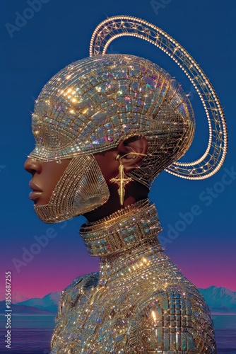 Retrato de una figura femenina con un elaborado tocado dorado, con un paisaje montañoso al atardecer de fondo.