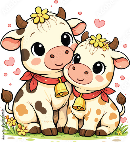 Sweet Baby Cow Couple with Bells Cute Farm Animal Illustration