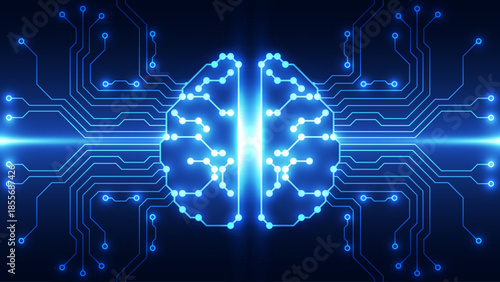 Artificial Intelligence Concept Background: Digital Brain with Glowing Blue Circuit Board Lines