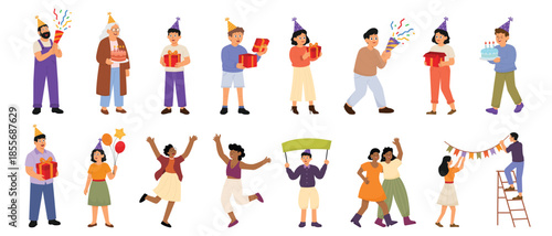 Wallpaper Mural Birthday Party Characters Celebrating with Gifts, Cake and Decorations Torontodigital.ca