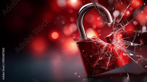 Hacker attack security alert visualization, system hacked concept with red broken padlock, internet cyber attack imagery, compromised password warning, with copy space