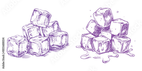 Melting ice cubes vector illustration, hand drawn black and white ice block stack with water drips, frozen cube sketch isolated on white background