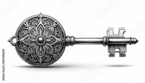 Intricately detailed antique silver key with ornamental design