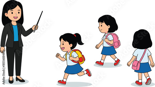 Cartoon teacher and schoolgirls illustration, classroom scene, cheerful education moment, backpacks and uniforms, happy learning vibe - flat vector illustration