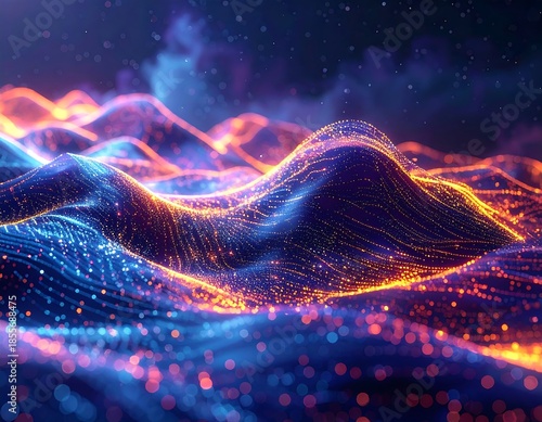 Digital waves of vibrant blue and orange light shimmer