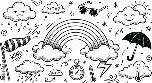 Hand-drawn weather doodles, rainbow clouds, whimsical sketch icons, thermometer, compass, lightning, umbrella, playful forecast symbols - flat vector illustration