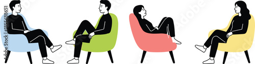 Minimalist seated people illustration, colorful armchairs, casual conversation, modern social interaction, relaxed posture concept art - flat vector illustration