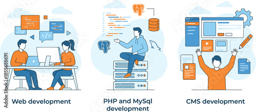 Software development illustration, web coding, PHP MySQL server, CMS interface, teamwork and technology concept art - flat vector illustration