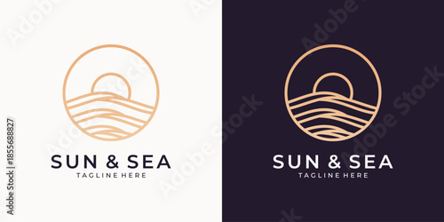 Sun and sea wave line art logo design