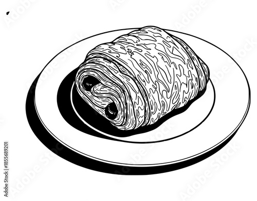 Hand-drawn black ink illustration of a flaky pain au chocolat on a plate. Detailed line art of a French chocolate croissant pastry snack.