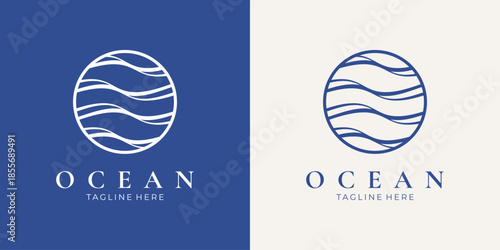 Minimalist circular ocean wave line art logo design