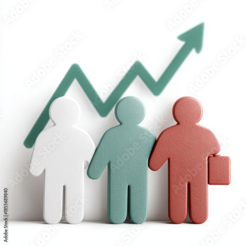 Three stylized figures in front of an upward trend line graph.