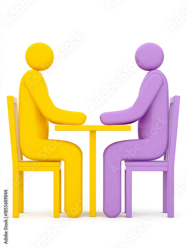 Two colorful figures seated at a table having a discussion.