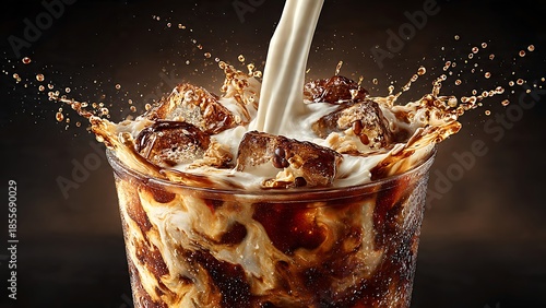 Rich creamy milk swirls into iced coffee creating dynamic splashes and tempting marble patterns for a refreshing beverage experience