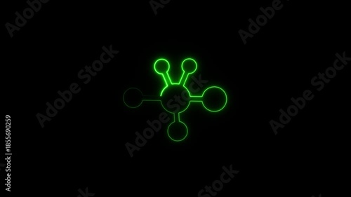 Green neon molecule structure on black background atom