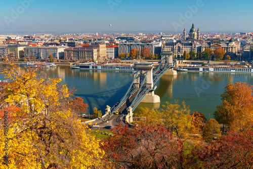 Photography Budapest cityscape, panoramic view of city and Danube River with Chain bridge an