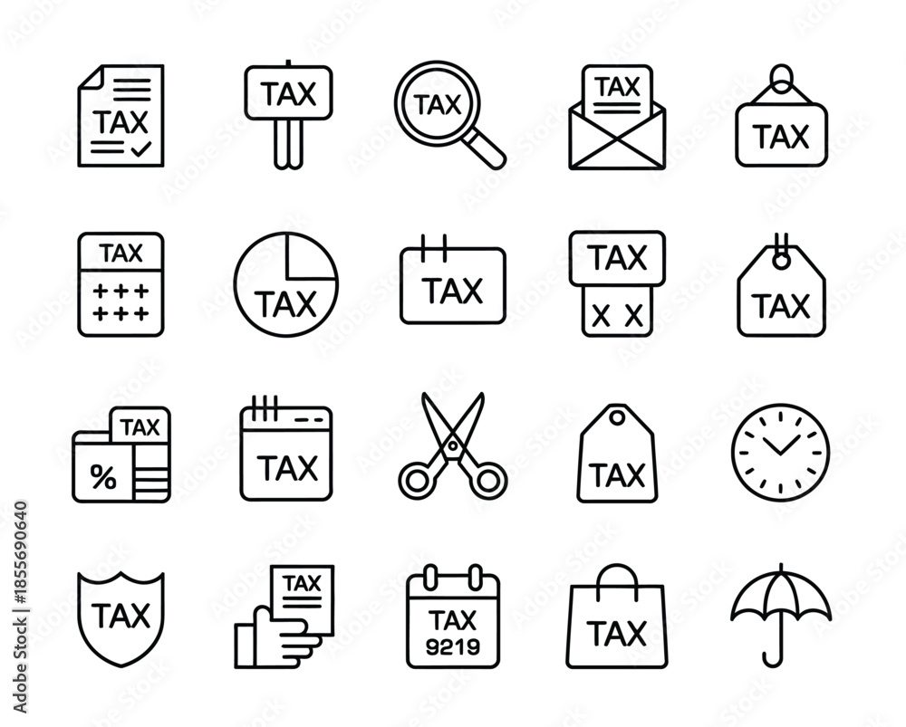 Fototapeta premium business linear icons and tax set containing simple web graphics for tax return, tax calendar, tax form, and purchase tax with editable vector stroke for professional financial infographics.