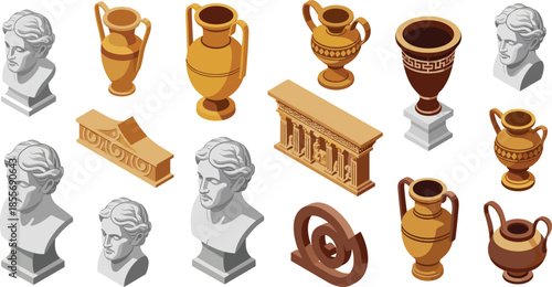 Isometric illustration of ancient Greek artifacts collection, classical sculptures vases columns mythology history culture vector set