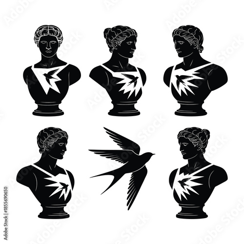 Classical sculpture busts with lightning bolt and bird motifs.