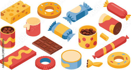 Isometric illustration of assorted snacks and sweets collection, candy chocolate cookies cheese junk food vector set