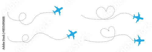 Airplane line. Plane routes are the heart of romantic lovers. planes tracking, travel, location pins, map pins. Plane, airplane, aircraft paths. Vector illustration.