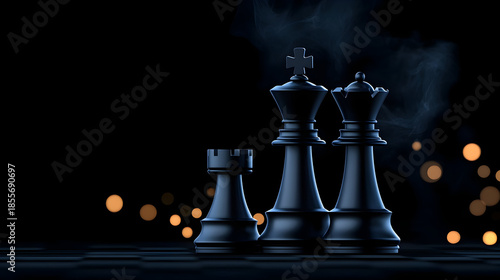 Strategic chess pieces on a dark board with glowing lights