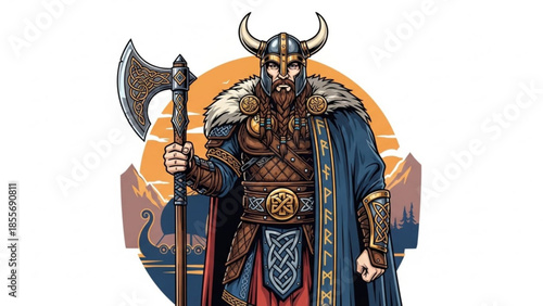 Viking warrior in horned helmet holding battle axe standing in front of sunset over mountains landscape