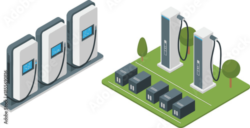 Isometric illustration of electric vehicle charging stations with battery storage, EV infrastructure renewable energy technology vector concept
