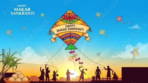 Vibrant kite festival celebration with people flying kites and enjoying traditional sweets on a sunny day with blue sky and white clouds