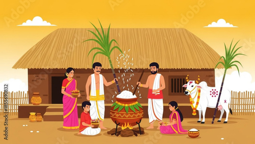 Traditional indian family celebrating cultural festival with fire pit and food, rural village scene with palm trees and cow