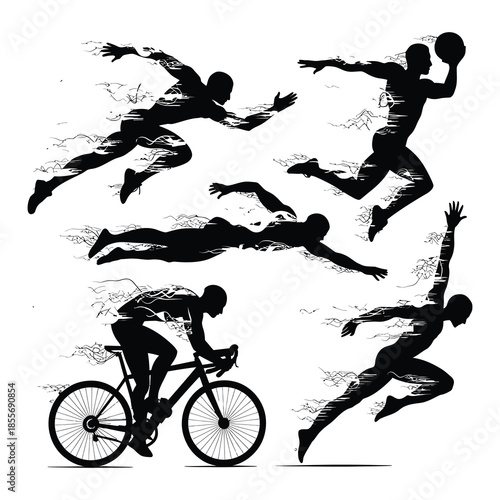 Dynamic silhouettes of athletes in sports capturing motion.