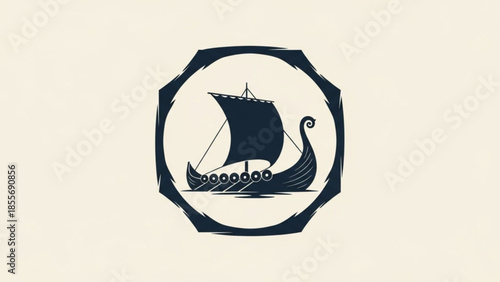 Viking ship sailing on water in a circular frame with a beige background
