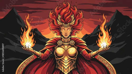 Mythical female warrior goddess with fiery hair and armor holding flames in hands standing in front of mountains at sunset
