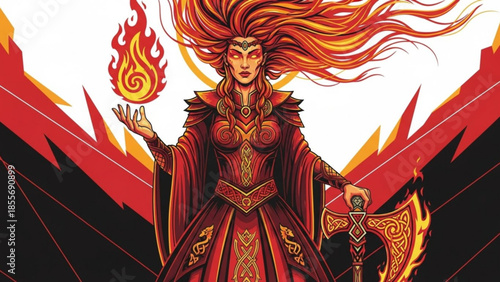 Fantasy female warrior with long red hair holding fire and axe standing against abstract flames on white background with black shadows