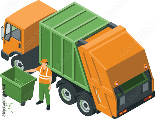 Isometric illustration of garbage collection truck with sanitation worker, waste management service recycling concept municipal cleaning vector transportation industry