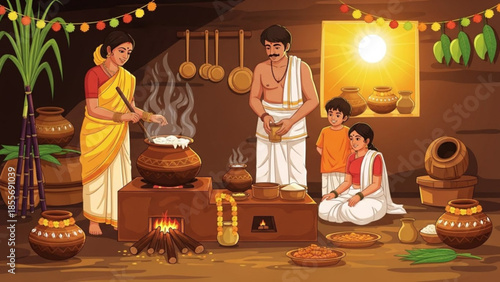Traditional indian family cooking together in a rustic kitchen with clay pots and utensils, preparing a meal on a wood fired stove with a warm and cozy atmosphere