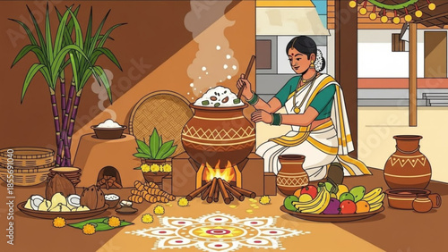 Traditional indian woman cooking on fire with clay pot, surrounded by fruits, vegetables, and decorative items, in a rustic kitchen setting with a plant and baskets