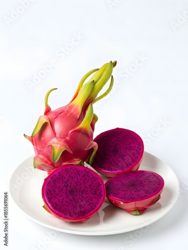 Red Flesh Dragon Fruit on a White Plate Isolated on a White Background for Clean and Modern Food Presentation