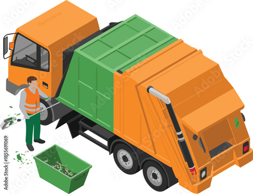Isometric illustration of garbage collection truck with sanitation worker, waste management service recycling concept municipal cleaning vector transportation industry