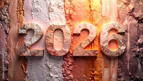 3D 2026 typography crafted from glowing mineral stone textures layered over vertical streaks of earth tones.