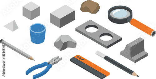 Isometric illustration of geometric shapes and tools, cubes stones magnifier pliers creative design education vector elements