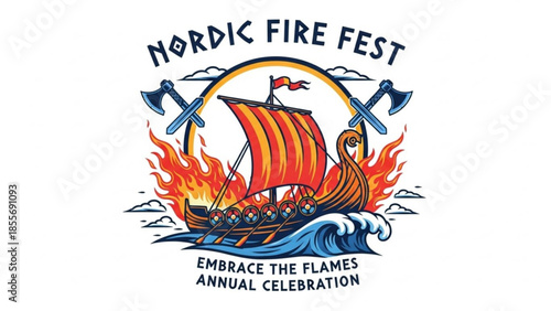 Nordic fire fest logo with viking ship on fire, axes, and flames, embrace the flames annual celebration symbol