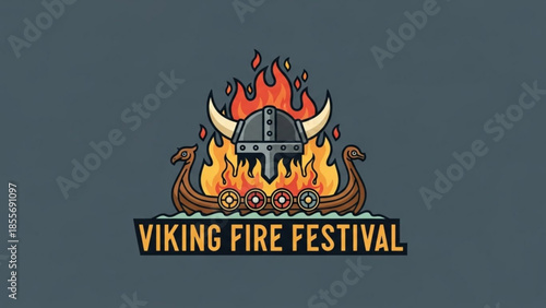 Viking fire festival logo with burning longboat and horned helmet on dark background